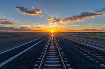 Fototapeta premium Sunset in the late afternoon and a well-developed railway line that runs straight. And the railway line is next to the airport. Beautiful view and comfortable atmosphere.