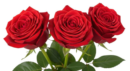 Naklejka premium Three red roses with green leaves isolated on transparent background for love