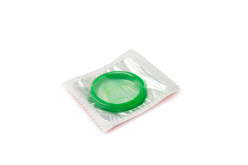 Condoms isolated on white background. Colorful fruit-colored condoms in packaging. Safe sex concept. Contraceptive. Different birth control methods. Aids prevention. World AIDS Day. Sexual health.