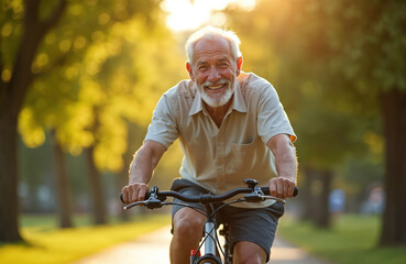 Smiling senior man rides bicycle on sunny park path. Elderly grandfather enjoys healthy outdoor cycling activity. Man keeps fit, cycling near ocean coast at golden hour.