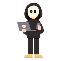 Flat cartoon illustration of a hacker character. Hacker character wearing a hoodie using a computer. Cybersecurity, coding, and hacking concept in minimal flat design style.