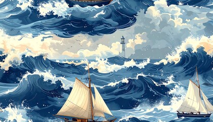 Stormy Seascape with Sailboats and Lighthouse.