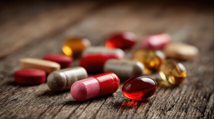 Tablets and capsules scattered on wooden surface, pharmaceutical detail