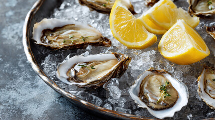 Fresh oysters on ice with lemon wedges, elegant seafood presentation, food photography