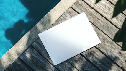 A piece of paper sits on the edge of a wooden deck next to a pool, perfect for jotting down notes or writing a letter