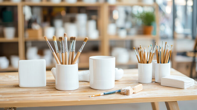 Collection of art supplies including paintbrushes in white containers, blank ceramic mug, and tools on wooden table in bright studio
