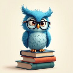 Obraz premium Blue owl with glasses sitting on stack of three books. Owl fluffy feathers, orange beak. Books different colors. Isolated on beige background. Cartoon character for education library themes.
