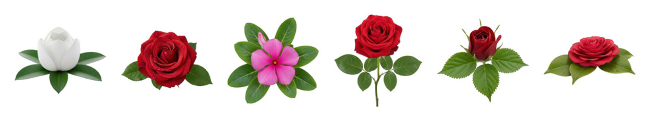 Floral collection set including white bud, red roses, pink periwinkle, and camellia isolated. Versatile botanical elements for design.