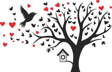 Obraz premium Whimsical silhouette tree with flying birds and heart shaped leaves and a birdhouse