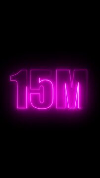Glowing neon pink number 15 M on black background fifteen million