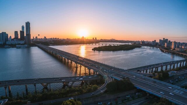 day to night 4k timelapse video of Nightscape of the Han River, Mapo Bridge and Bamseom Island in Seoul, Korea