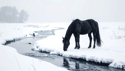 Fototapeta premium Black Horse Drinking in Winter Landscape.