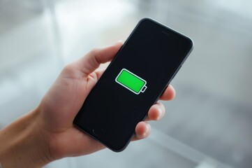 Smartphone showcasing a fully charged battery held by a person with natural light filling screen