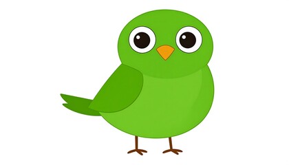 A charming cartoon bird with bright green plumage, large innocent eyes, an orange beak, and tiny brown feet, set against a clean white background