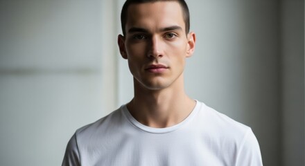 Intense Gaze of a Young Man in a White T-Shirt, Soft Studio Lighting