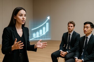 Businesswoman presenting rising holographic financial chart to colleagues, concept of innovation and growth in finance