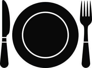 Simple silhouette of a plate with knife and fork