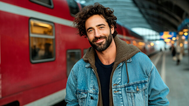 Smiling European man in denim jacket standing on train station platform with red train in background