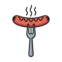 Hot grilled sausage on a fork with steam rising above it