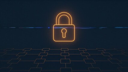 A glowing orange padlock icon symbolizes digital security and data protection over a futuristic network grid on a dark blue background. - Powered by Adobe