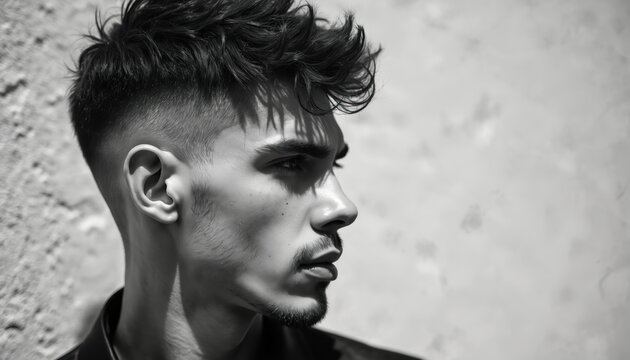 Young man with textured french crop haircut and faded sides, styled in profile against a rough concrete wall. His modern haircut features soft fringe. He wears casual clothes, looking forward.