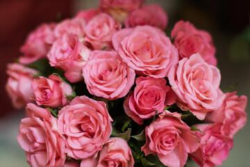 A vibrant bouquet of fresh pink roses is captured in a close-up shot, showcasing their delicate petals and soft hues.