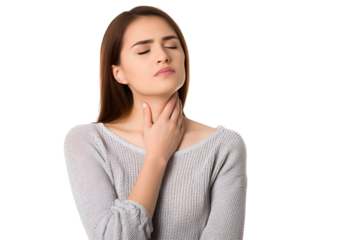 Woman experiencing sore throat discomfort, hand on neck, eyes closed, seeking relief from throat pain, isolated on black background.