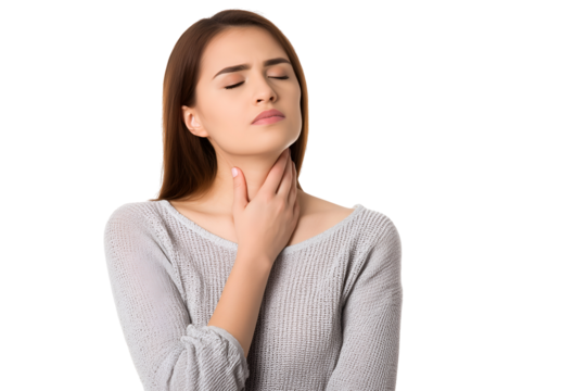Woman experiencing sore throat discomfort, hand on neck, eyes closed, seeking relief from throat pain, isolated on black background.