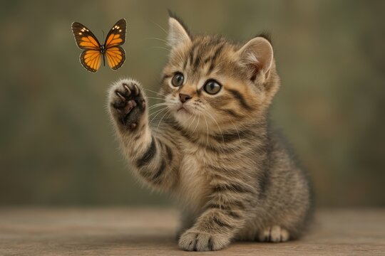 Kitten plays with butterfly gently.