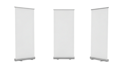Three White Roll Up Banner Stands on Black Background in Studio
