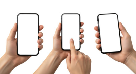 Three Smartphones Displayed Together with Hands Tapping on One Isolated
