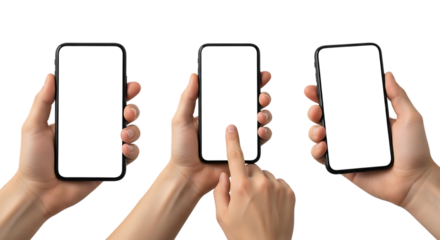 Three Smartphones Displayed Together with Hands Tapping on One Isolated