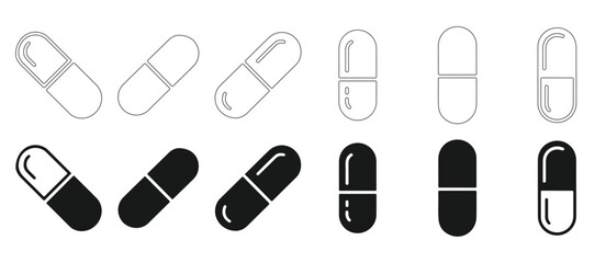 Collection of medical capsule outlines and solid shapes for healthcare and pharmaceutical concepts