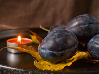 Autumn Still Life with Plums, a Leaf, and a Lit Candle
