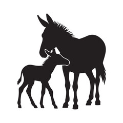 Obraz premium Vector art of silhouette of a mother donkey and her foal, , creating a heartwarming and tender scene of animal love