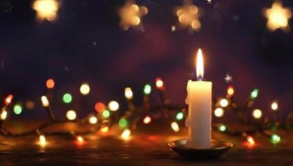 Cozy Christmas Eve warmth with candle flickering softly amidst twinkling lights, creating a magical, festive atmosphere for holiday cheer