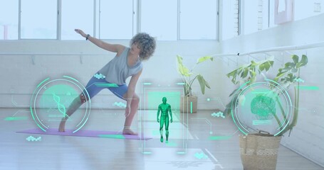 Woman unrolling yoga mat showing hologram DNA and brain overlay, lunging, lifting arm for analysis - Powered by Adobe