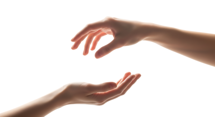 Two hands reaching one towards another on black background concept