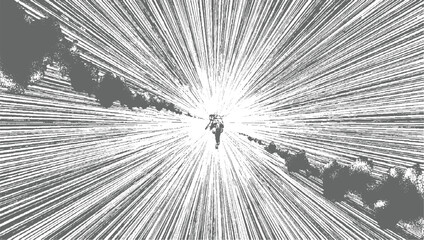 Obraz premium Lone figure walking towards bright light amidst abstract streaks person