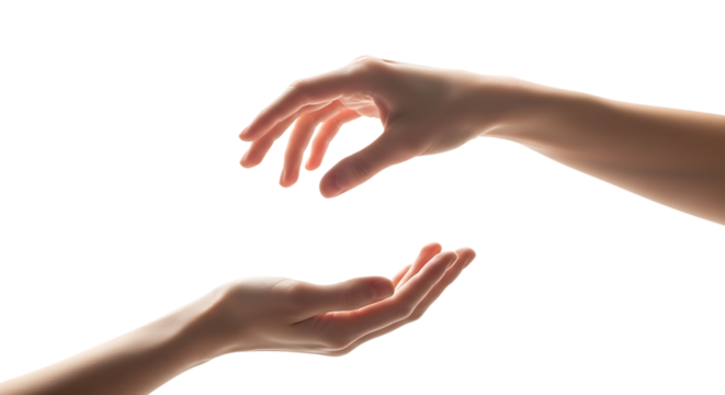 Two hands reaching one towards another on black background concept