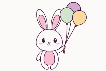 Obraz premium cute, cartoon white bunny with pink ears and belly holds a bouquet of four colorful balloons.