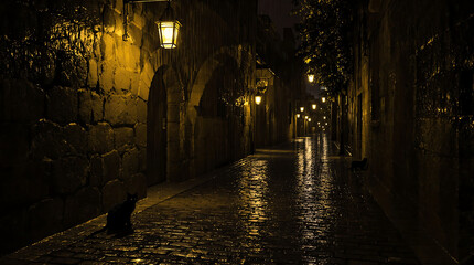 Cobblestone Alleyway at Night with Lanterns and Rain