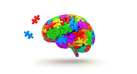 A brain made of puzzle pieces with two pieces floating on a white background in a studio shot