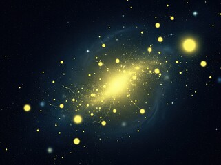 Mystical yellow glowing particles floating gracefully across vast dark cosmic space creating atmosphere of wonder mystery and ethereal otherworldly energy