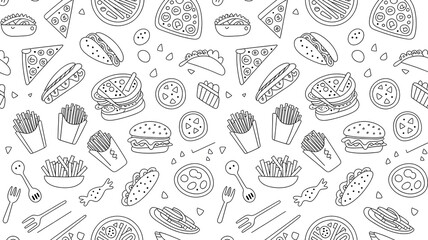 Fast Food Seamless Doodle Pattern with Burger, Pizza, Fries, Taco, Hotdog, Outline