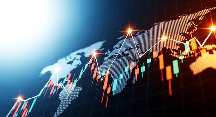 Global stock market financial chart overlayed on a world map with bright lights