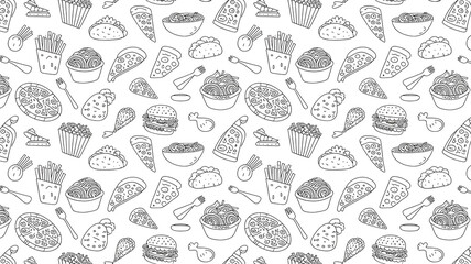 Fast Food Seamless Doodle Pattern with Burger, Pizza, Fries, Taco, Outline Texture