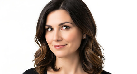 Portrait of a woman with brown hair and eyes smiling slightly against a white background in studio lighting