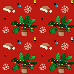 Festive seamless pattern with houseplants decorated with Christmas lights, Santa hats, and snowflakes. Bright red background for a cheerful holiday vibe.
