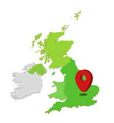3d vector illustration graphic green color geographical map of United Kingdom with point on London Capitol